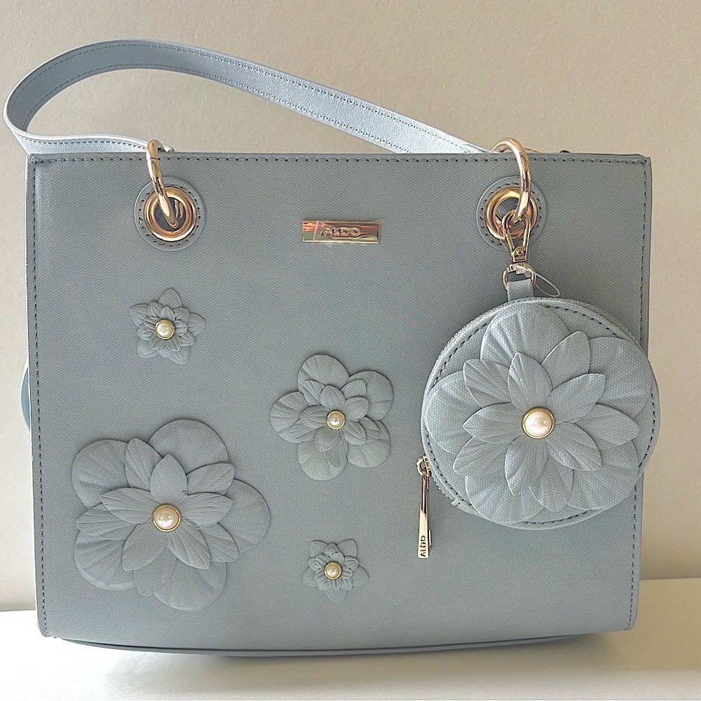 Aldo Bluish Gray Floral Embellished Shoulder Bag
